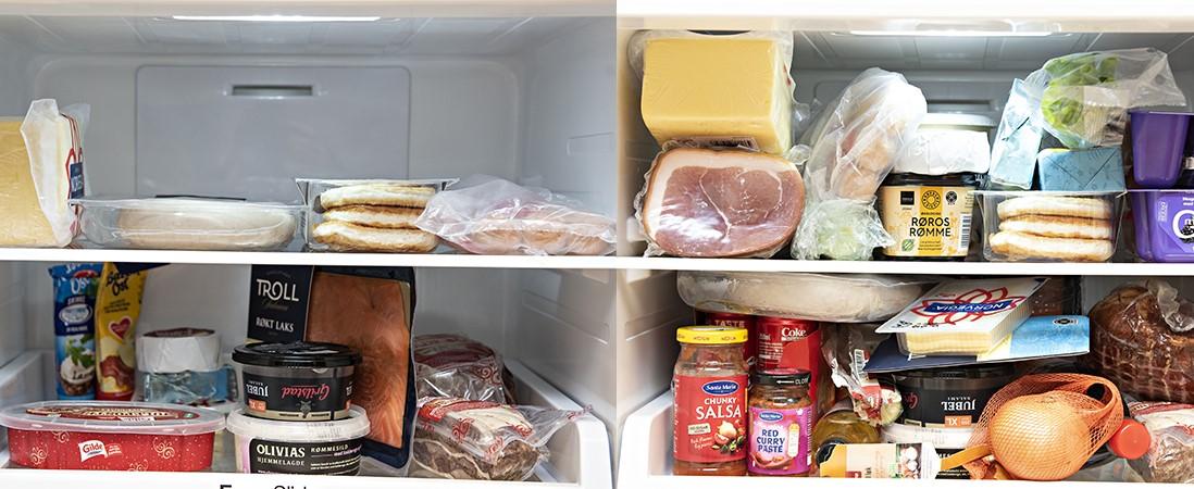 IDEALET: I bildet til venstre ser du et ideelt stablet kjøleskap. I det høyre bildet er det både for fullt, og noen varer, som grønnsakene vil trives bedre lavere ned i kjøleskapet, helst i grønnsakskuffen. 
