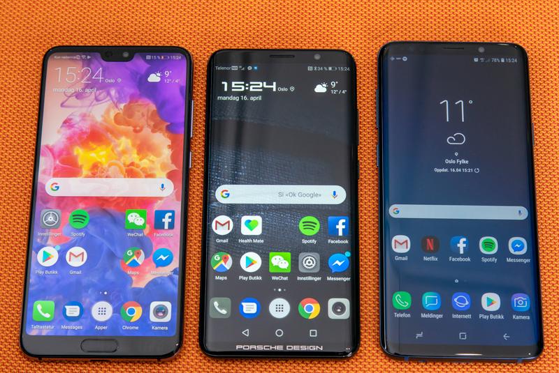 Fra venstre: Huawei P20 Pro, Mate RS Porsche Design og Samsung Galaxy S9+. Ønsker du bare designen fra Mate RS er Samsungen det nærmeste du kommer.