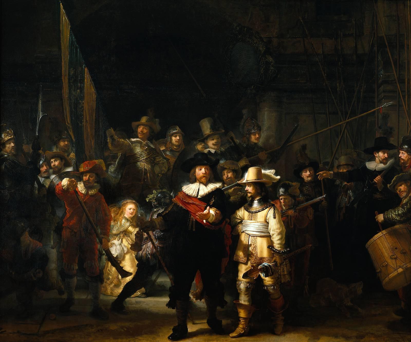 Ved første øyekast kan «Nattevakten» se kaotisk, men her har ikke Rembrandt overlatt mye til tilfeldighetene. Legg merke til hvordan komposisjonen gjør det enkelt for oss å nærmest umiddelbart identifisere bildets tre sentrale personer.