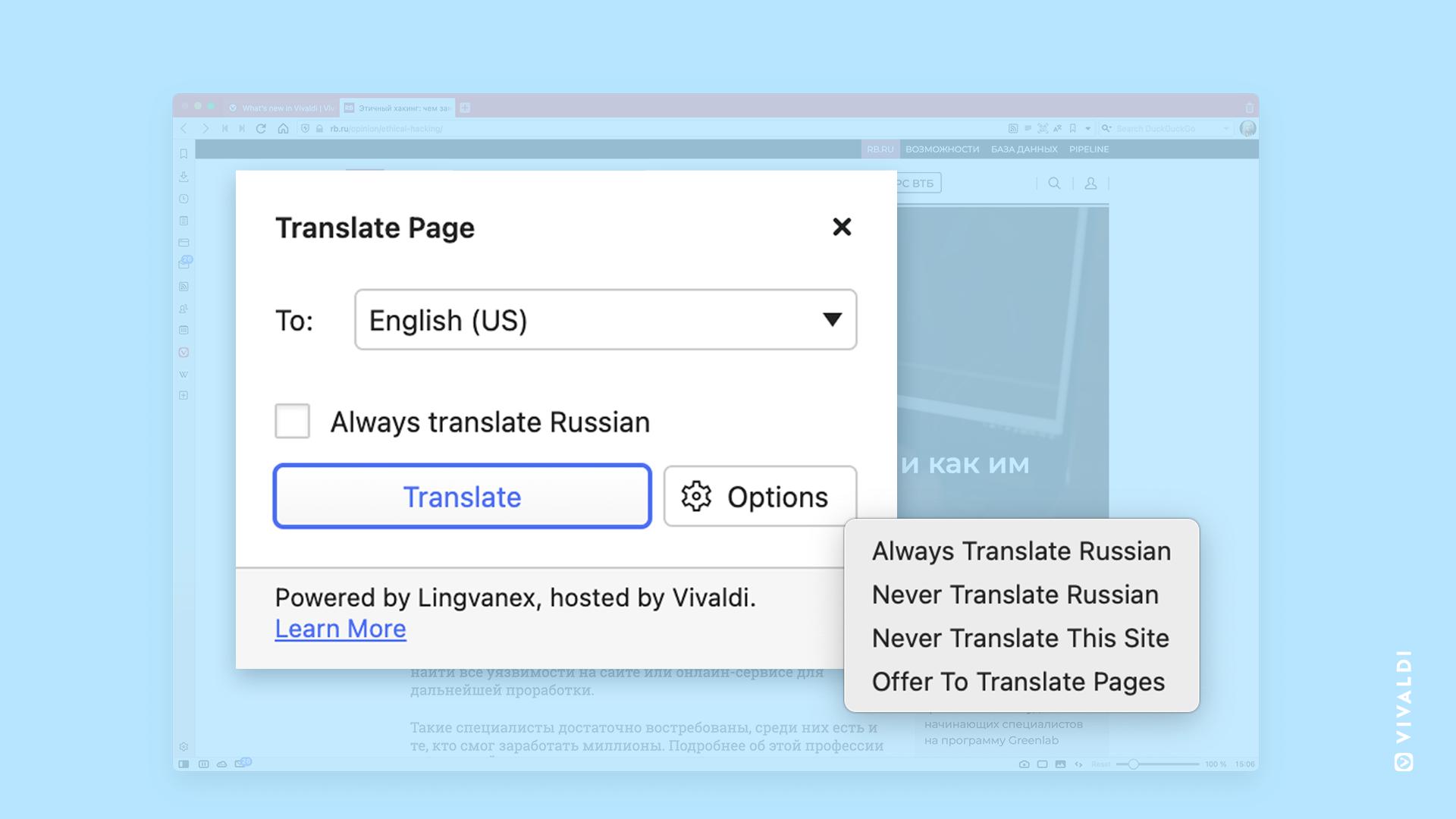 Oversetter-funksjonen er laget i samarbeid med selskapet Lingvanex.