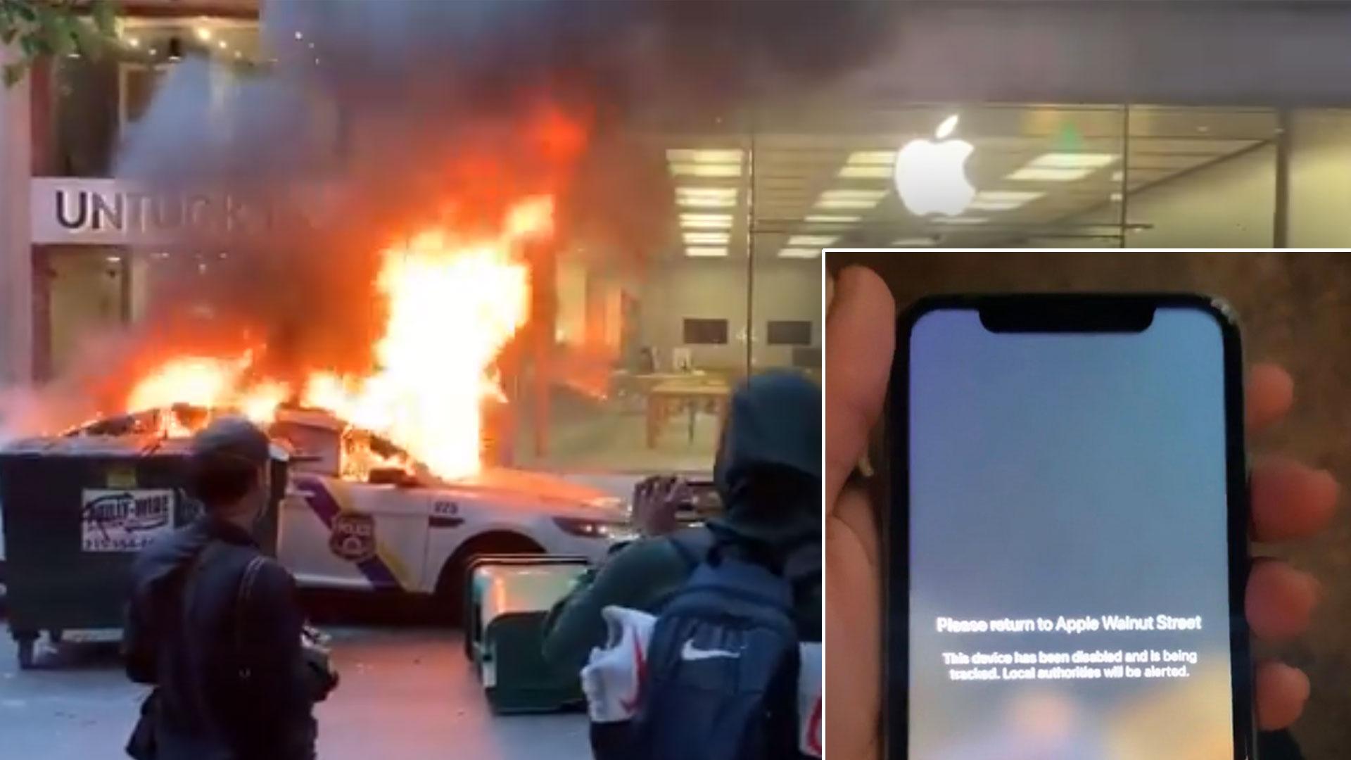 Apple Store som plyndres; beskjeden som dukker opp på de stjålne telefonene.