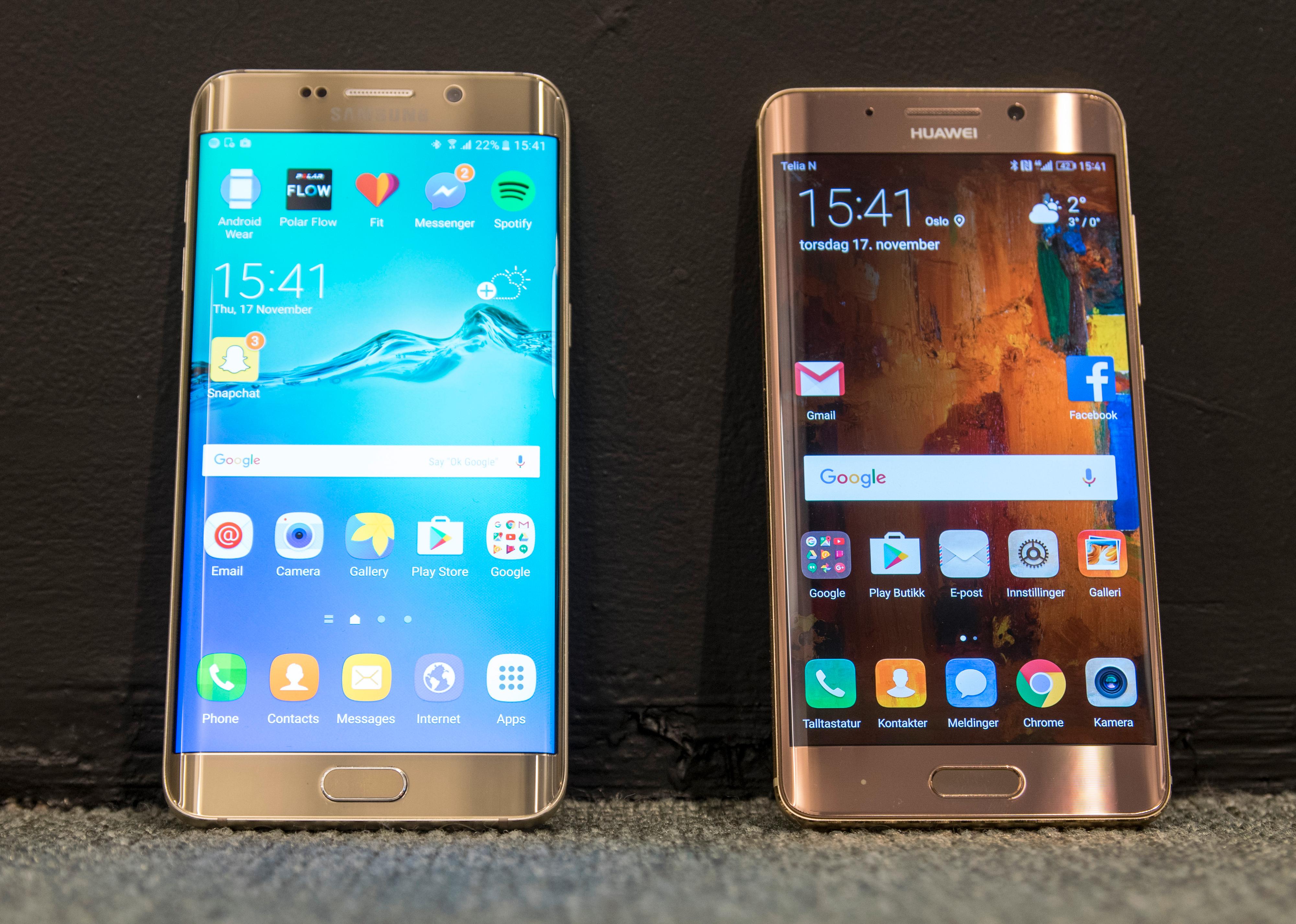 Huawei Mate 9 Pro og Samsung Galaxy S6 Edge+.