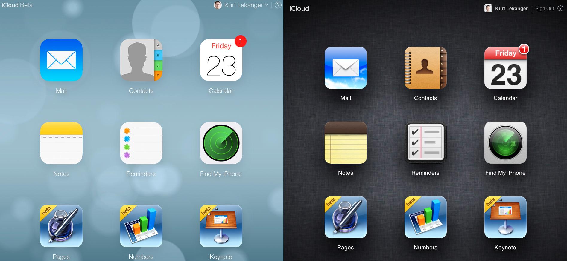 Slik ser den nye og den gamle versjonen av iCloud ut ved siden av hverandre.