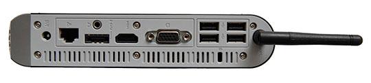 Bak: Strømplugg, LAN, eSATA, hodetelefonutgang, HDMI, VGA, 4 x USB 2.0 og WiFi antenne