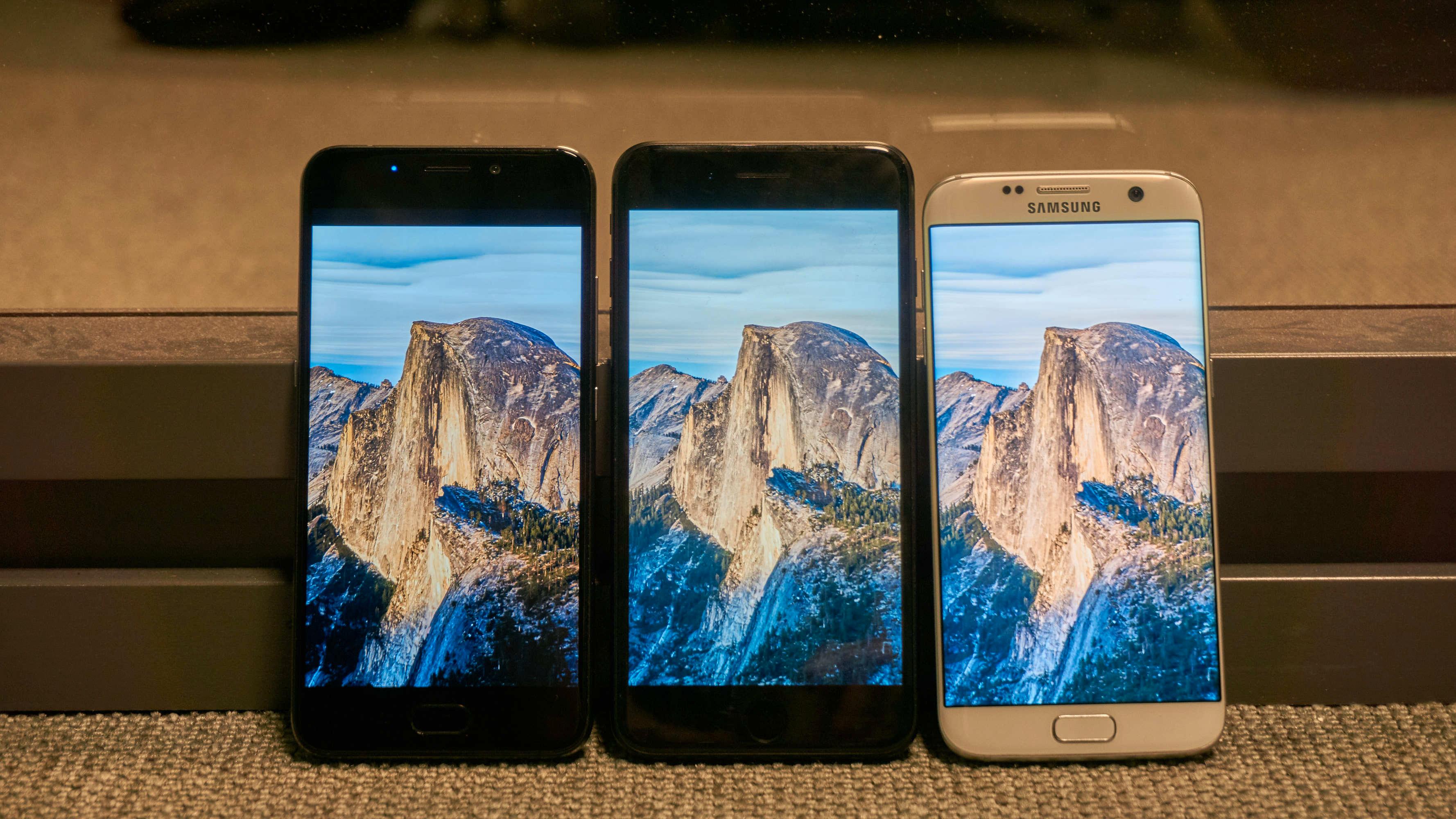 Samme bilde og maks lysstyrke på UMi Plus, iPhone 7 Plus og Galaxy S7 Edge.