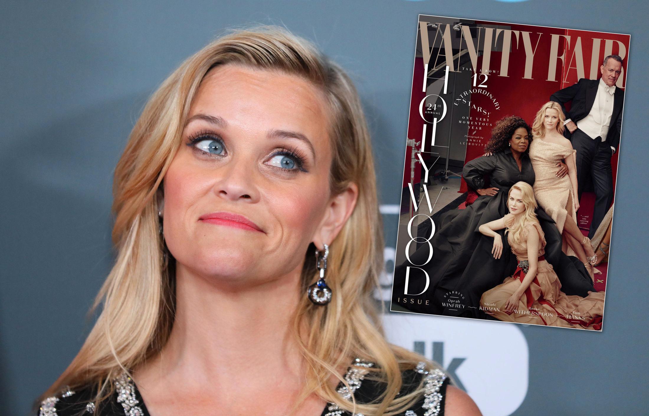 OPTISK ILLUSJON: Reese Witherspoon måtte le da fans reagerte på at hun fremstår som trebeint på coveret av Vanity Fair. Foto: NTB Scanpix / Faksimile: Vanity Fair