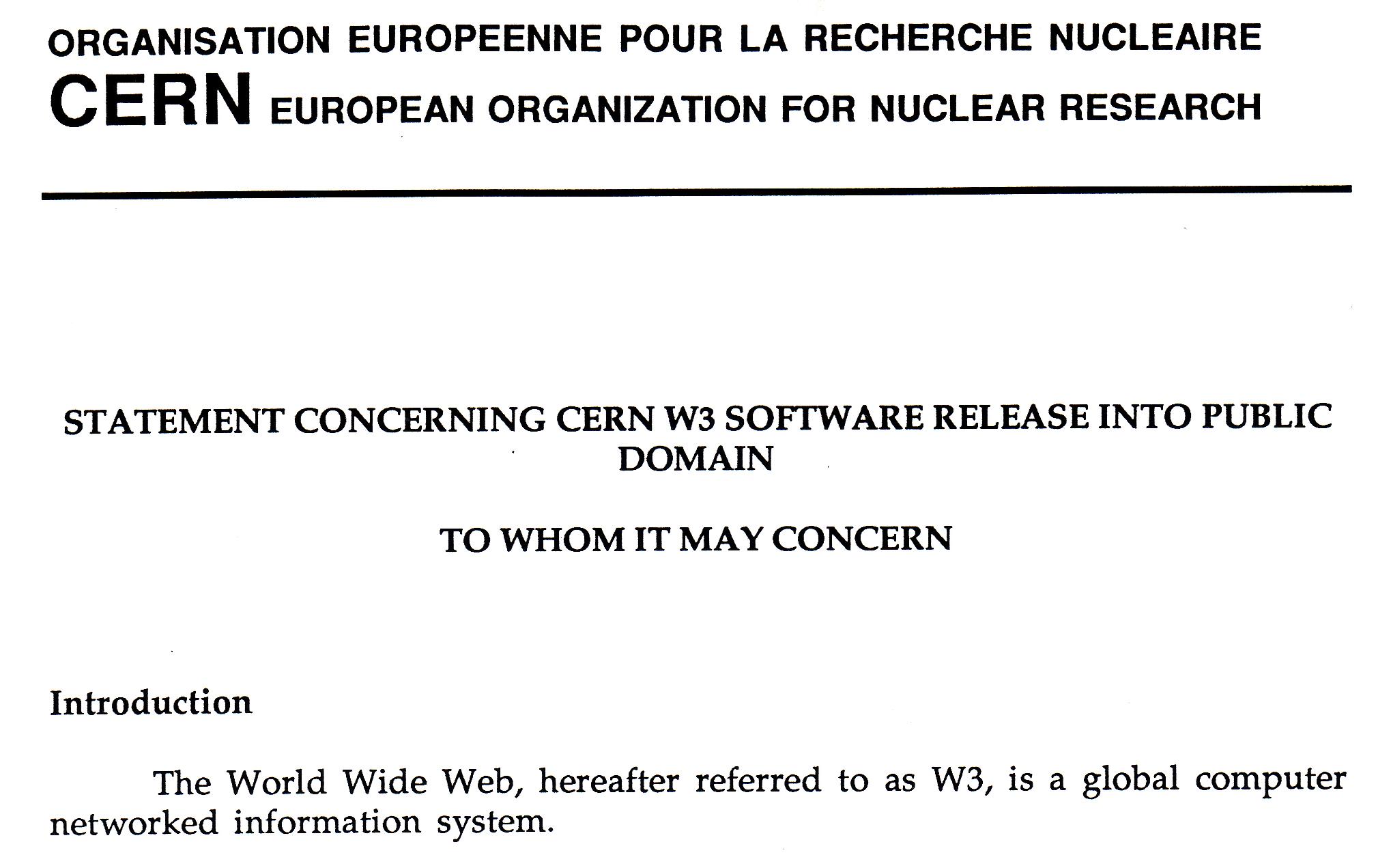Begynnelsen på dokumentet som slapp WWW fri.Foto: CERN