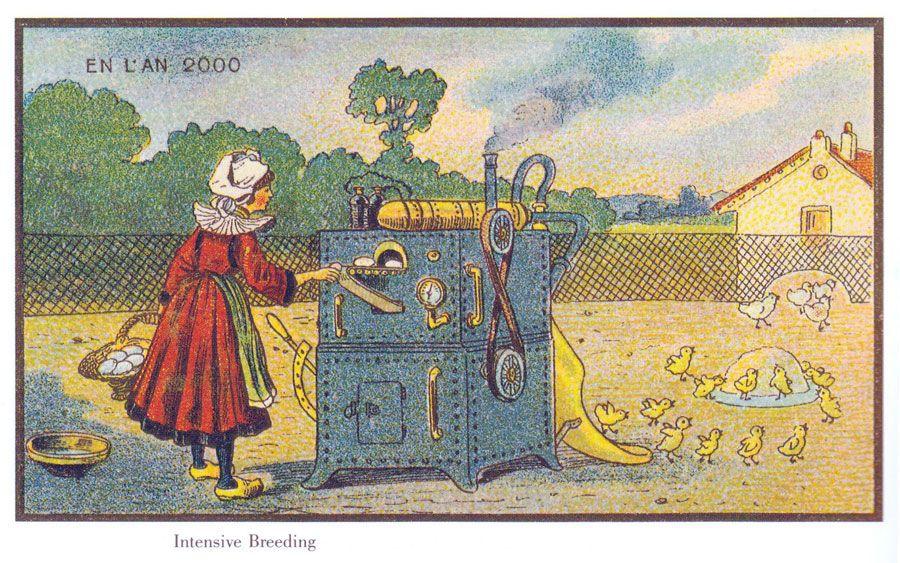 MATPRODUKSJON: At store maskiner ville bli en viktig del av fremtiden var de fullt klar over på slutten av 1800-tallet, men la oss håpe matproduksjon ikke er så mekanisk som dette i virkeligheten..Foto: Wikimedia Commons