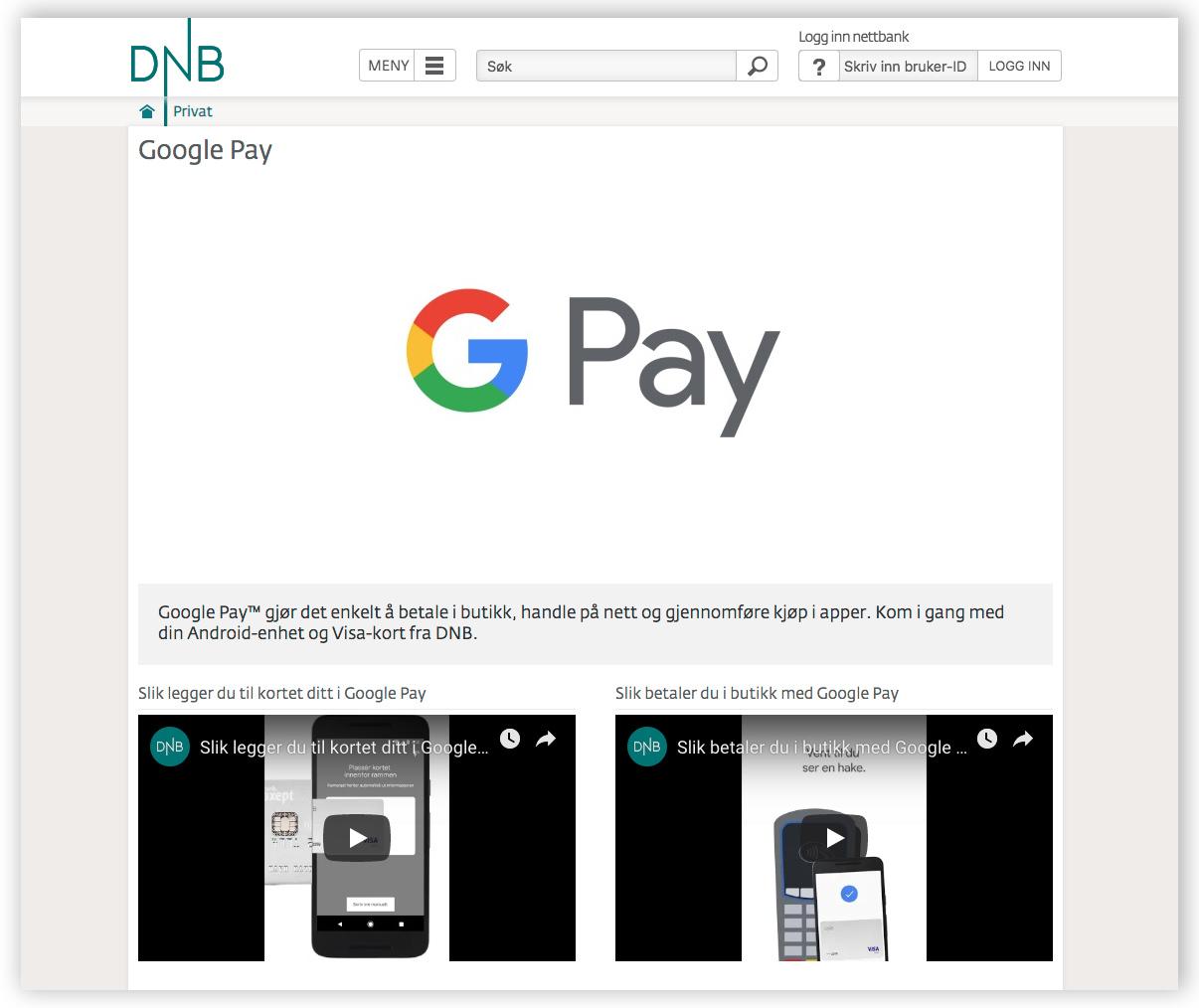DNB avslører Google Pay på egne sider. (Skjermdump dnb.no)