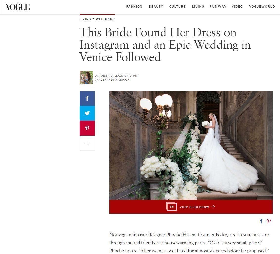 INTERNASJONAL OMTALE: Bryllupet til Oslo-jenta Phoebe Hveem har fått internasjonal oppmerksomhet, og er blant annet omtalt i Vogue. Foto: Faksimile Vogue.com