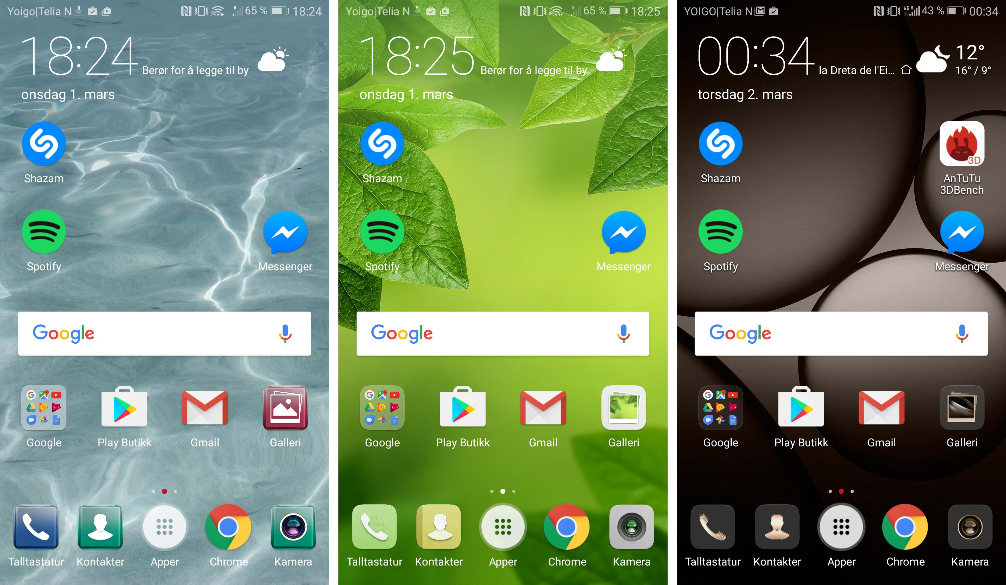 Huawei virker å ha forvalgt tema etter farge på telefonen. Den sølvgrå varianten jeg har testet ble levert med temaet lengst til venstre. Antakeligvis ett av de styggeste jeg har sett. Heldigvis er det mange fine å velge mellom.