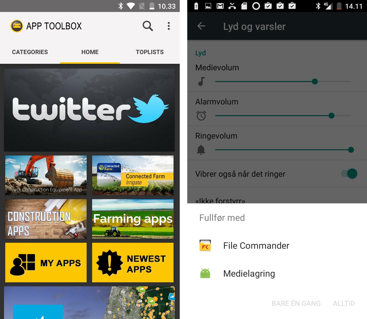 I App Toolbox kan du finne verktøy enten du til daglig jobber med traktor eller med gravemaskin. Men viktigste av alt er Twitter. Dette er et slags apputvalg for folk med fysisk aktive yrker, men vi snakker ikke om noen appbutikk. Alle lenkene leder inn i Google Play.