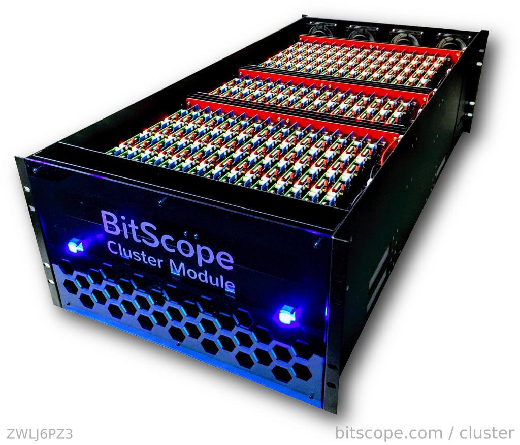 Slik ser en av BitScope Cluster-modulene ut. Inni hver av disse får 150 Raspberry Pi 3-maskiner og nettverket mellom dem plass. Bitscope