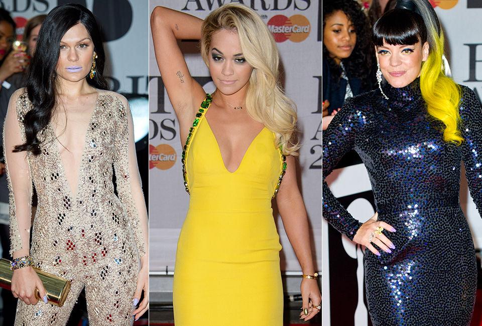 GLITTER, MEN INGEN GLAMOUR: Jessie J, Rita Ora og Lily Allen var ikke alene om å bomme på Brit Awards-antrekket. Foto: NTB Scanpix