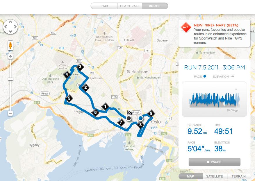 På Nike+ kan du se løpeturen din på et kart, og sammenligne dine egne prestasjoner med andres.