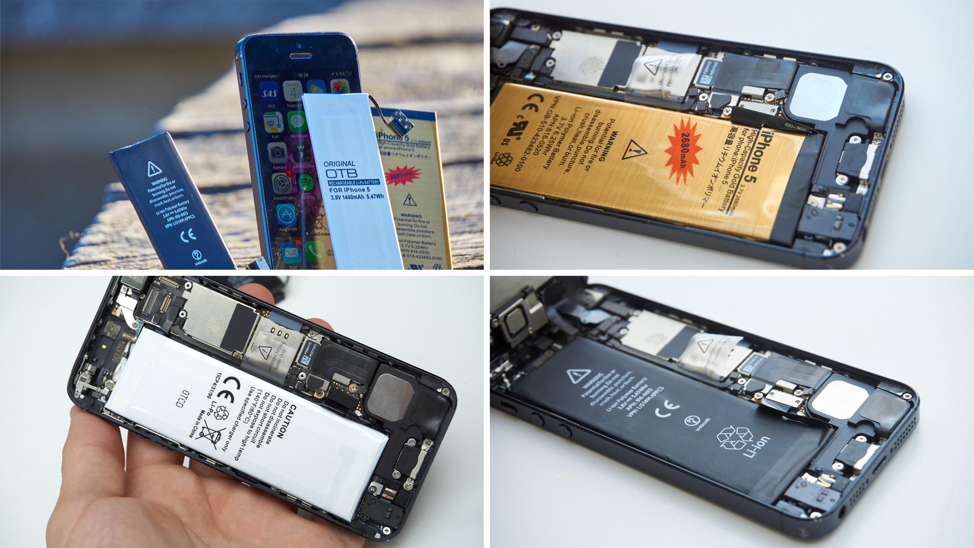 Her er alle de nye batteriene montert i telefonen, samt før montering med mobilen i live.