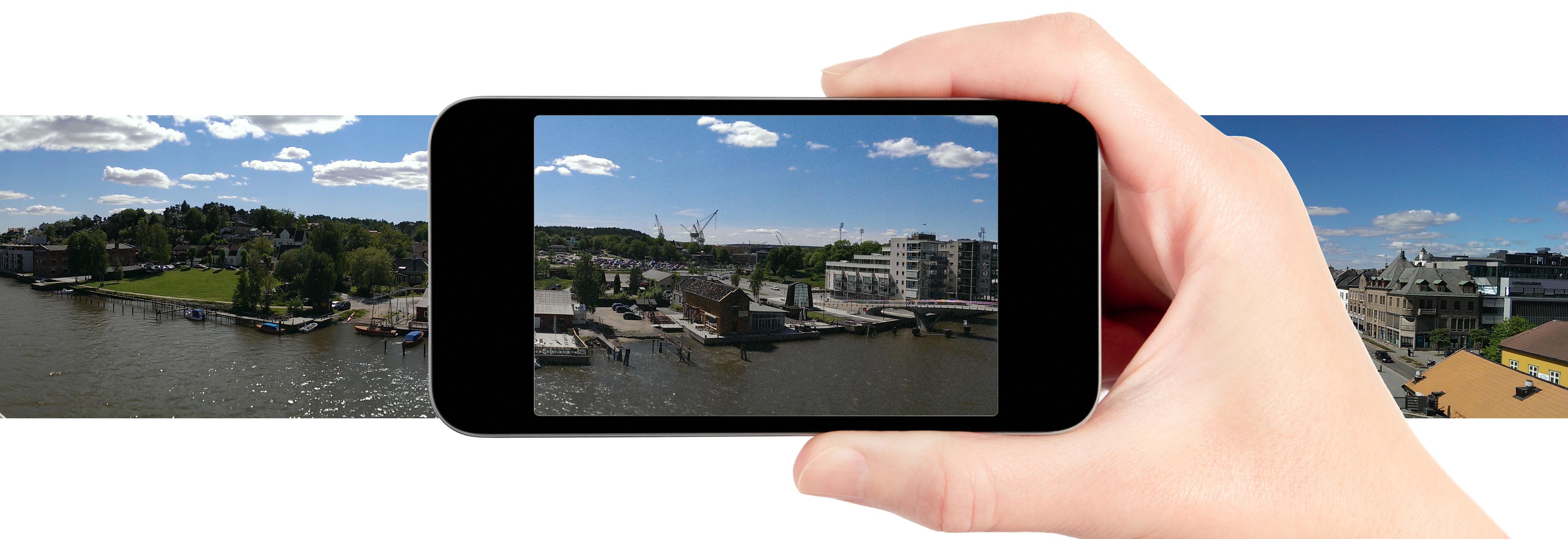 De fleste nyere mobiler har en panoramafunksjon. Har den ikke det, finnes det også panorama-apper du kan laste ned.
Foto: Shutterstock / Kurt Lekanger / Montasje