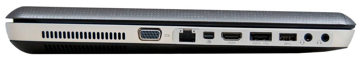 På venstresiden: VGA, LAN, DisplayPort, HDMI eSATA/USB 2.0, én USB 3.0 og lydtilkoblinger