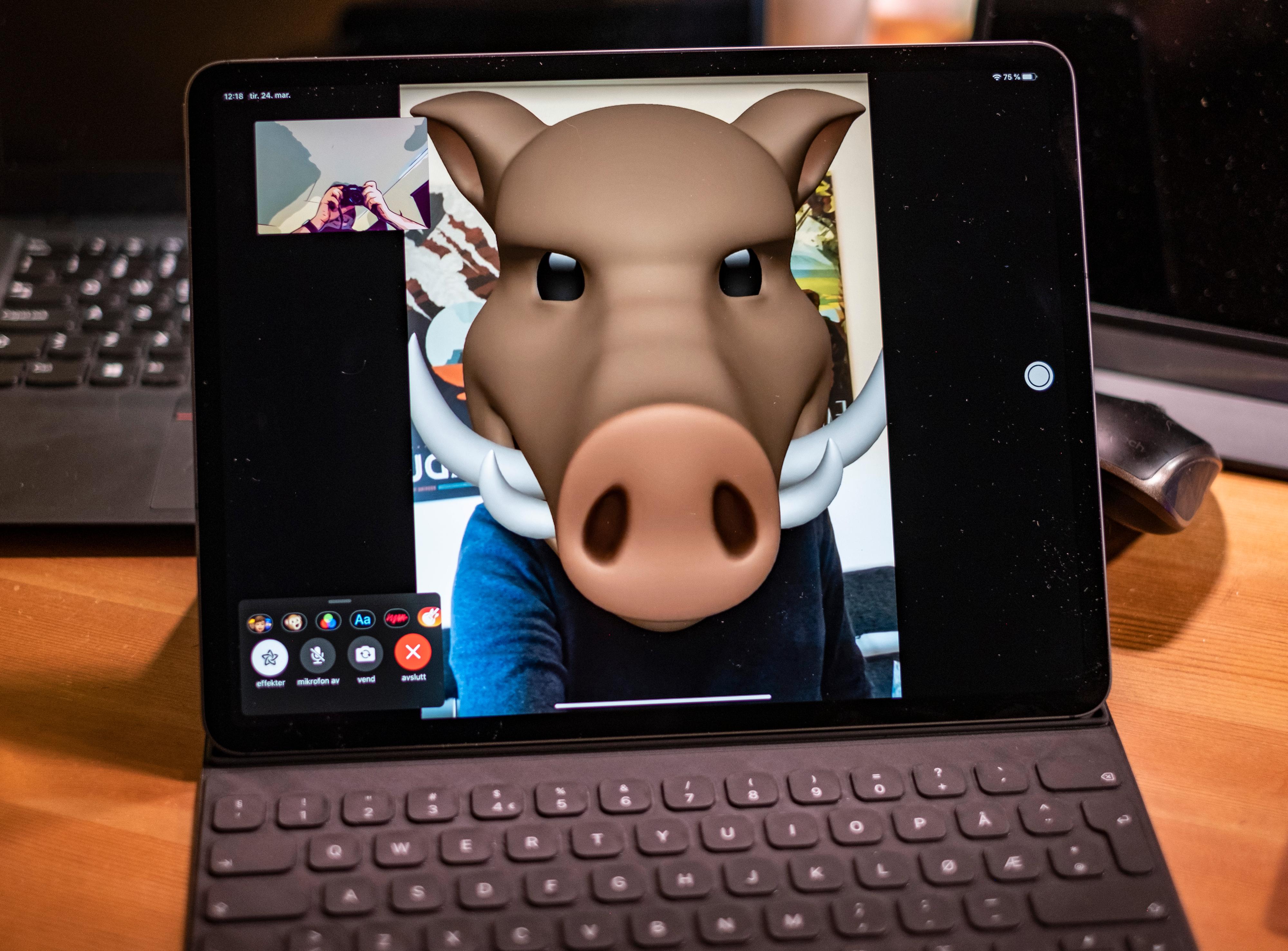 I disse hjemmekontortider er det jo ekstra gøy å ta jobbmøtet som villsvin og giraff. Noe du enkelt kan med Facetime. Det hele ser spektakulært ut på den store skjermen. Bildekvaliteten uten masker på er også meget bra når du bruker iPad Pro.
