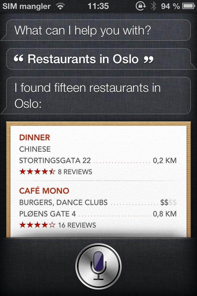 Siri kan finne restauranter i Norge.
