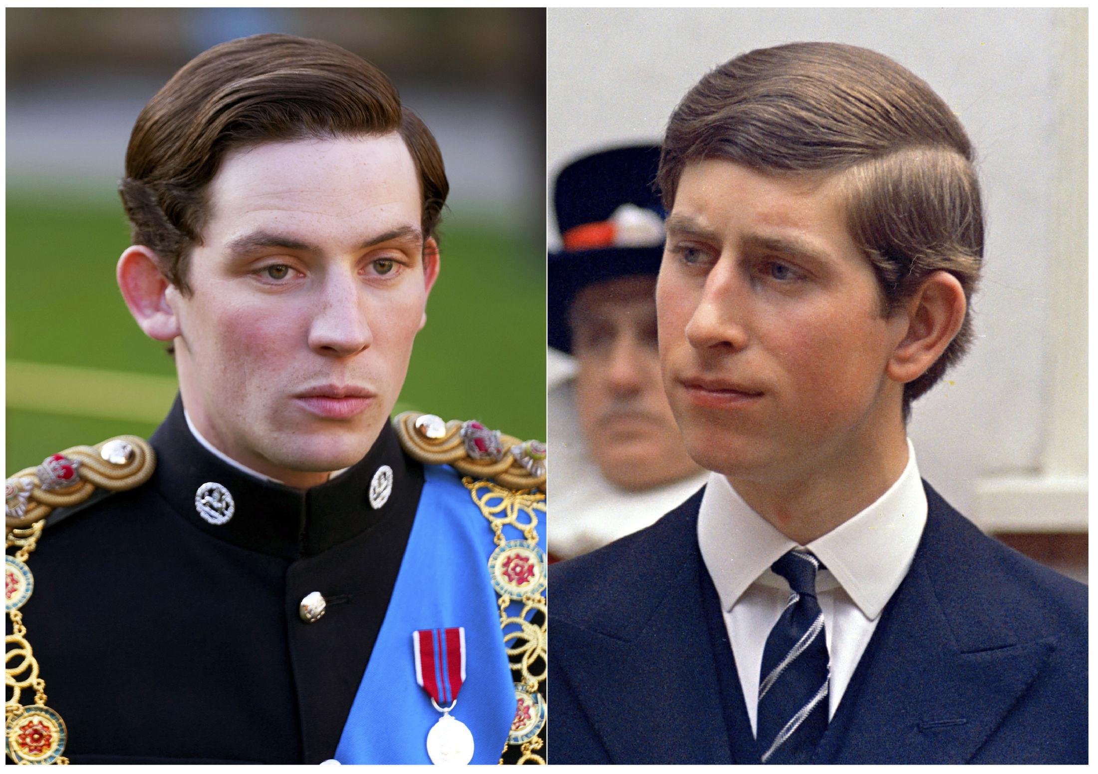KOPIEN OG ORIGINALEN: Vi har fått øynene opp for prins Charles' stil etter å ha sett «The Crown». Her er skuespiller Josh O'Connor (t.v.) i en scene fra serien og prins Charles fotografert i 1968. Foto: Netflix/AP Photo.