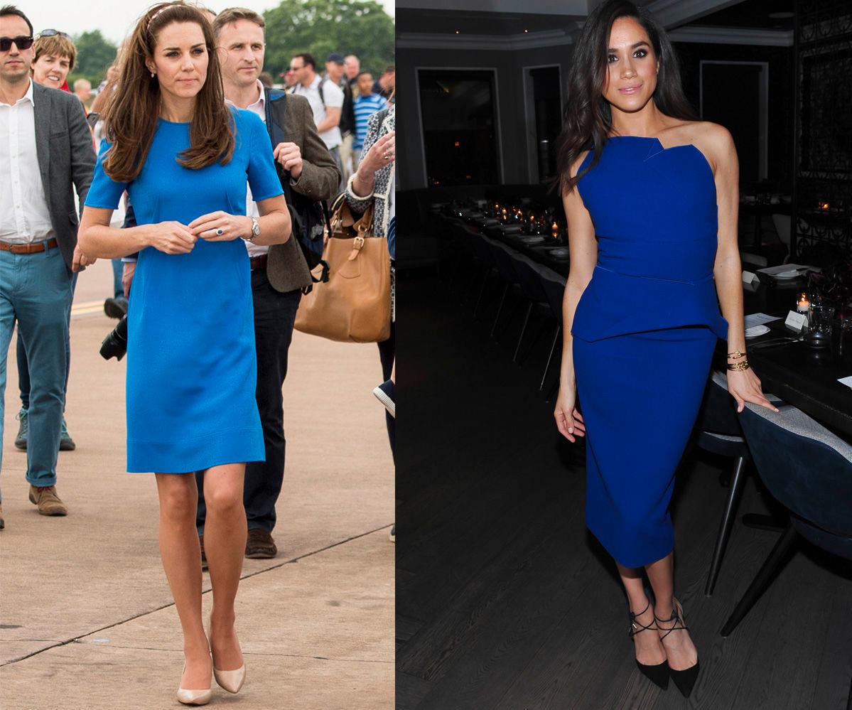 KONGEBLÅTT: De har ikke blått blod, men både Hertuginne Kate og Meghan Markle har flere ganger vist seg i blå kjoler. Foto: Getty Images.