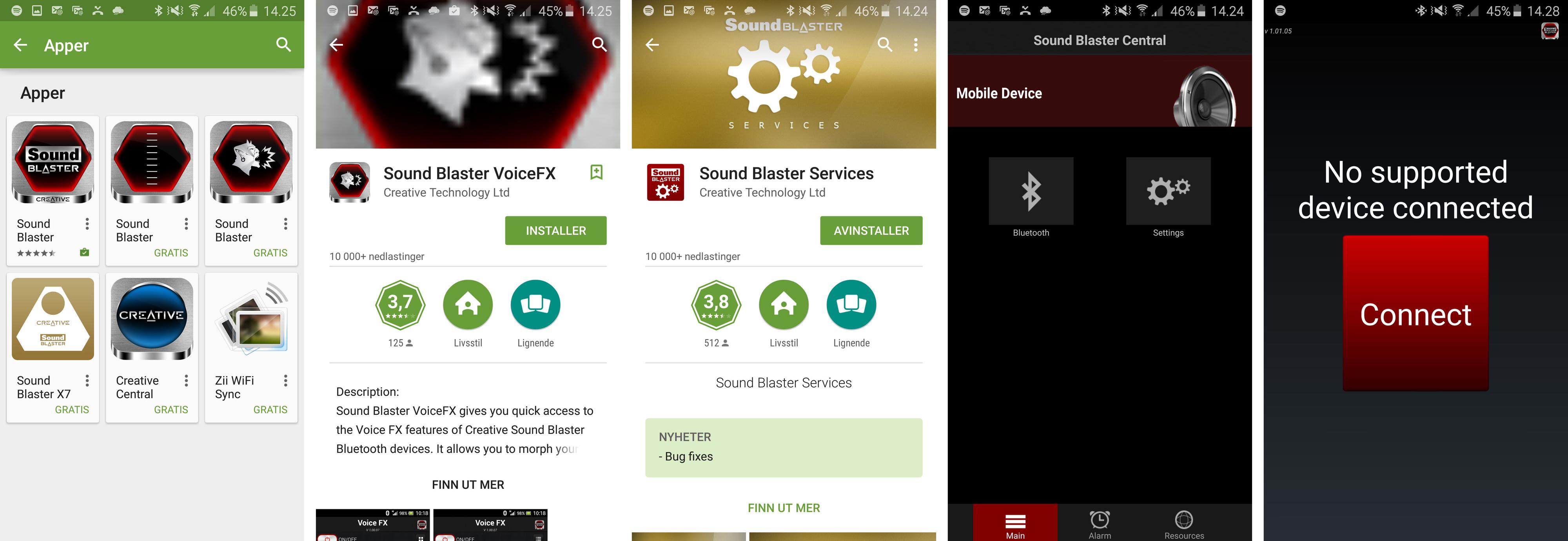 På Android får vi opp flere apper som skal kunne gjøre ymse opp mot Creatives Sound Blaster-produkter. Vi fikk ingen av dem til å virke. Foto: Finn Jarle Kvalheim, Tek.no
