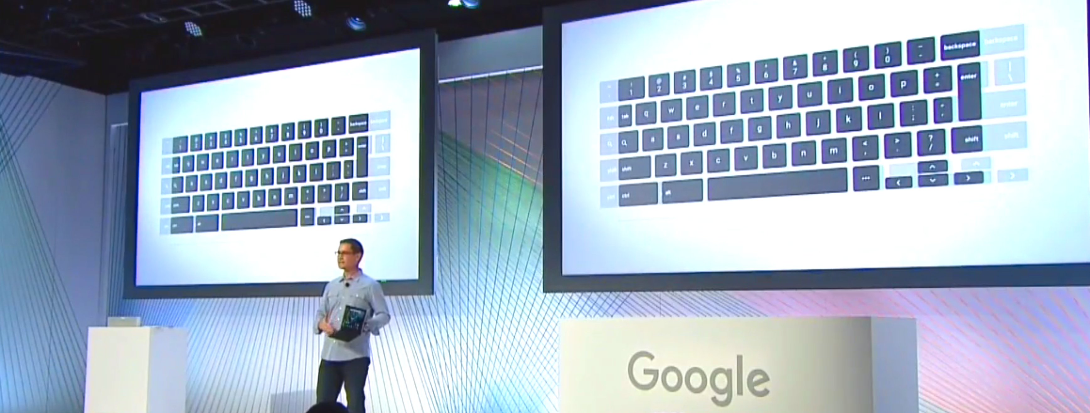 Et helt nytt tastaturkonsept skal få liv i Pixel C – her er noen av tastene flyttet inn på skjermen for å slanke den fysiske størrelsen. Foto: Google/skjermdump