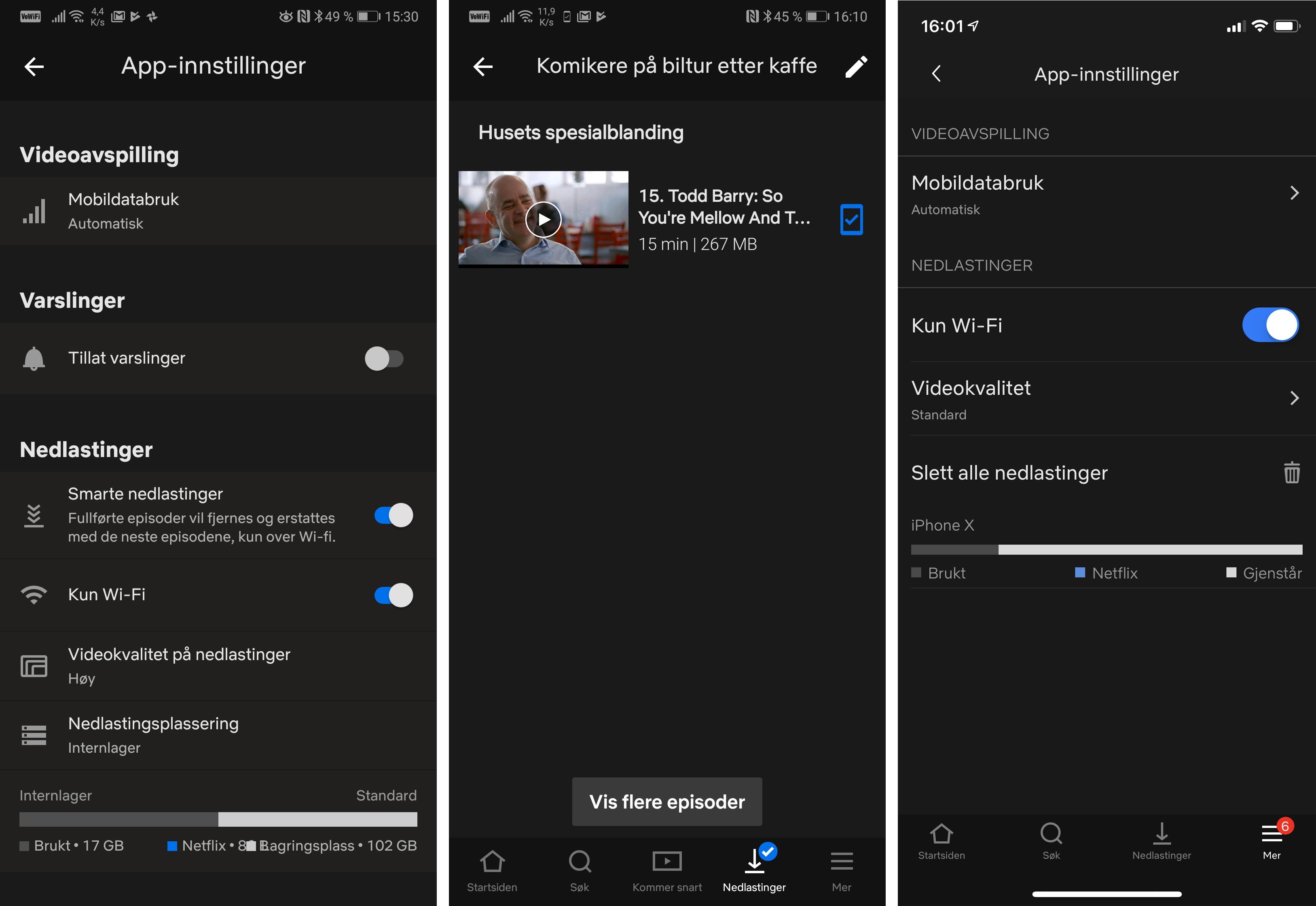 Smart Downloads er aktivert som standard i Netflix-appen på Android, og sørger for at telefonen benytter seg av WiFi for å hente ned neste episode du titter på. Løsningen er ikke tilgjengelig for iOS og iPhoner eller iPader.
