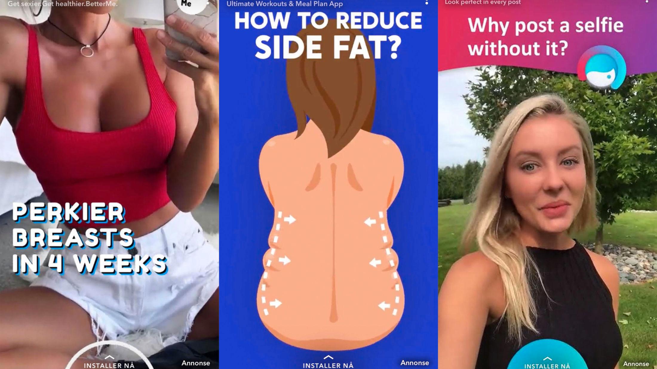 SNAPCHAT-REKLAMER: Her er noen av reklamene som har dukket opp hos brukerne på Snapchat, og som er en av grunnene til at de er nominert til «Gullbarbie». Foto: Skjermdump