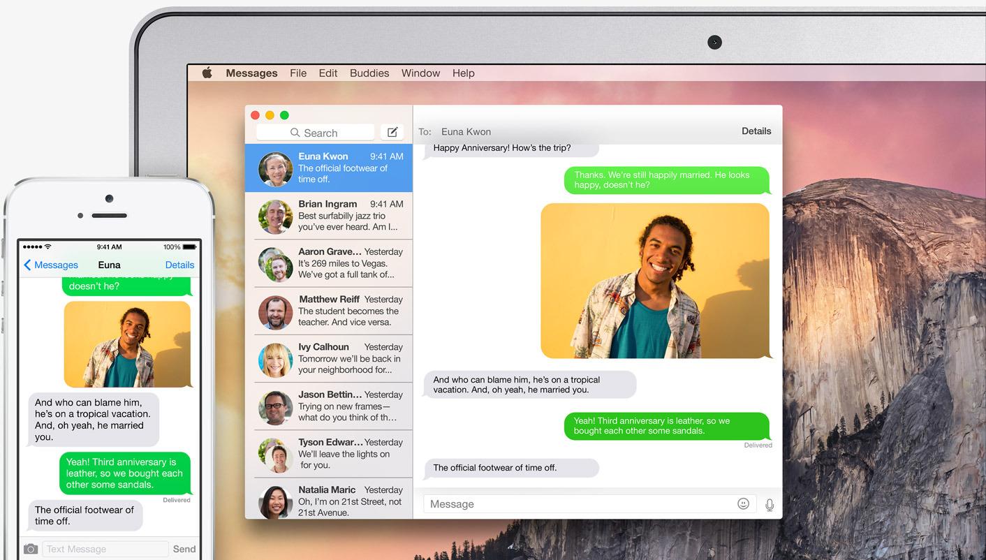 Sending av tekstmeldinger fungerer på samme vis som samtaler på tvers av enhetene. Denne funksjonen har Apple hatt før, via iMessage, men der har du kun hatt muligheten til å sende melding til andre iMessage-brukere. I Yosemite blir det mulig å også sende vanlige SMS-er.Foto: Apple