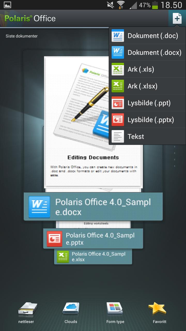 Du kan opprette eller redigere de viktigste filformatene i Polaris Office 4.0.