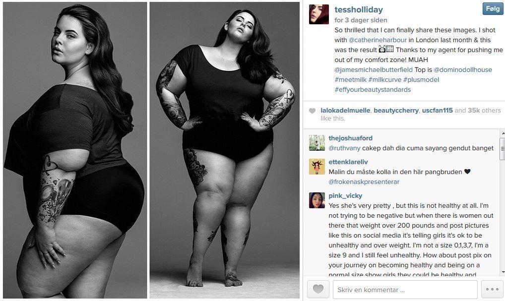 OMSTRIDT: Plus size-modellen Tess Holliday mottar positive og negative reaksjoner på modellkarrieren sin. Foto: Skjermdump fra Instagram @tessholliday