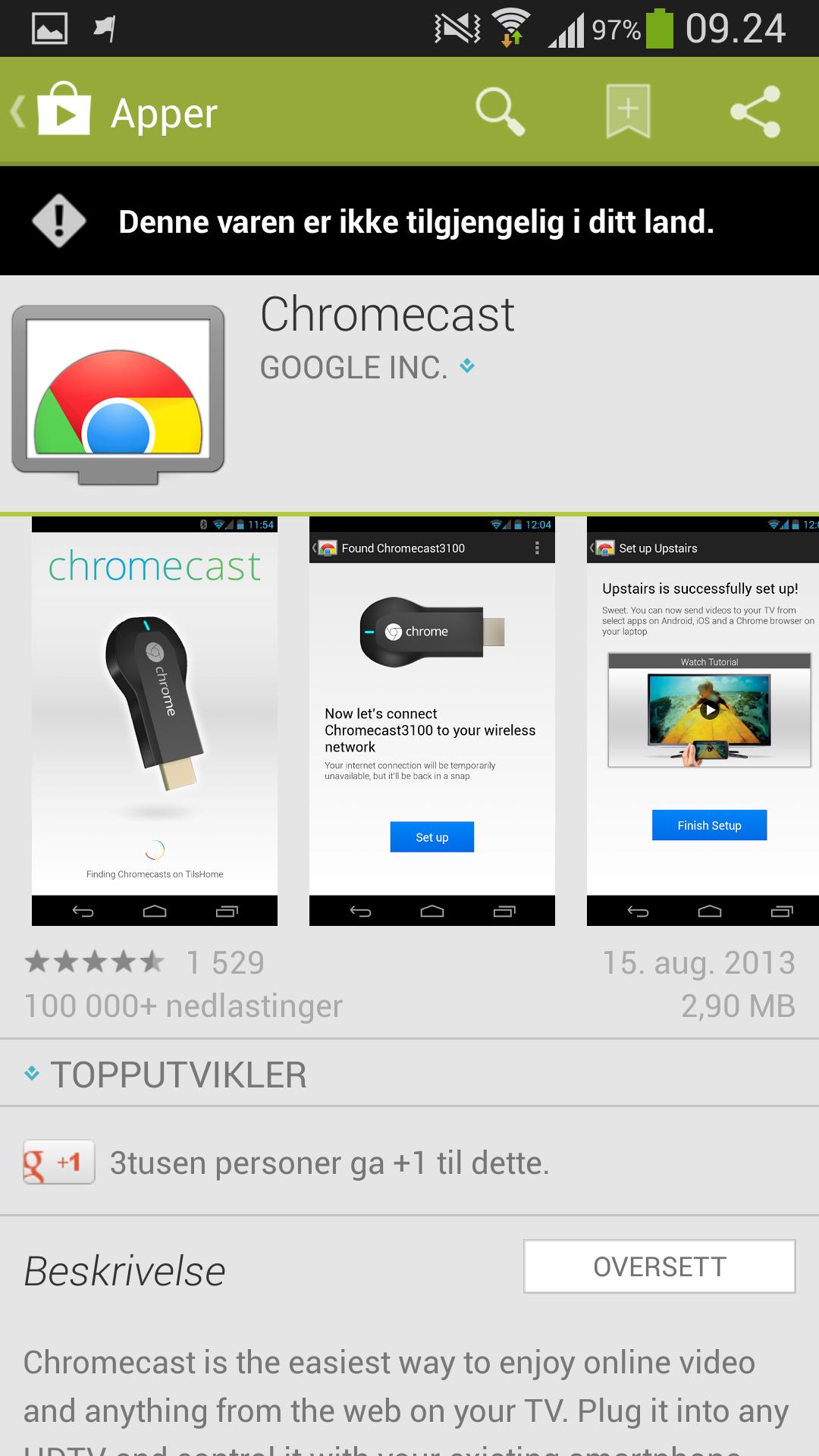 Det første oppsettet må gjøres fra PC, siden Chromecast-appen ikke er tilgjengelig i norske Google Play.