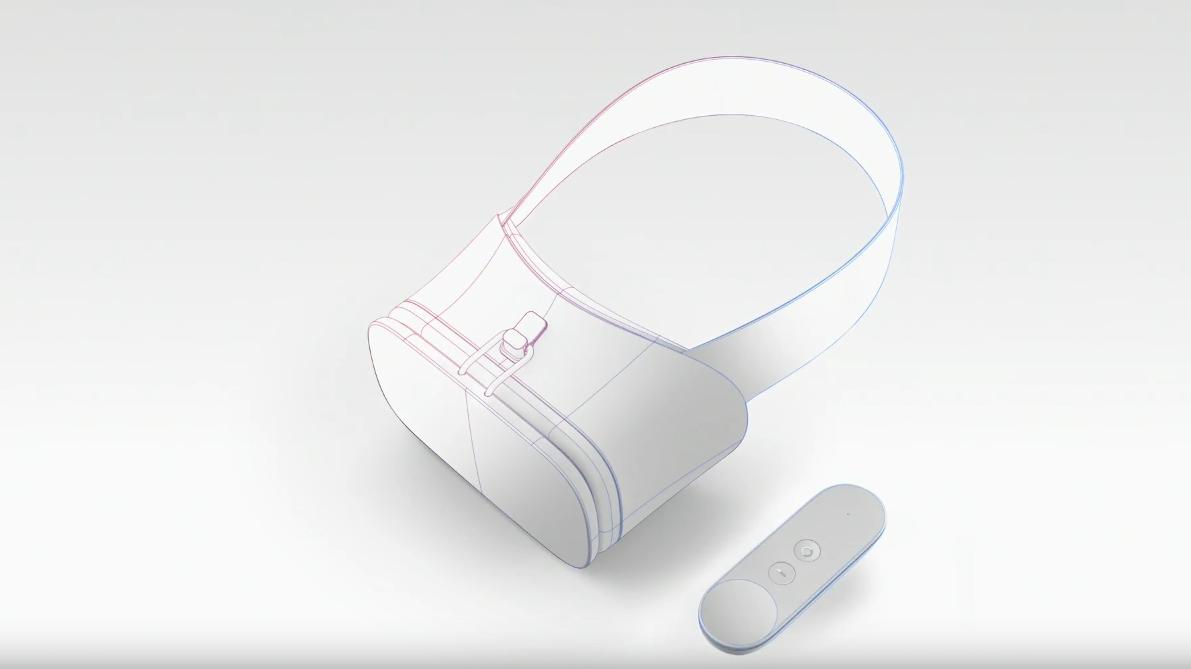 Referansedesignet til de nye VR-brillene og håndkontrollen som inngår i Daydream-plattformen.