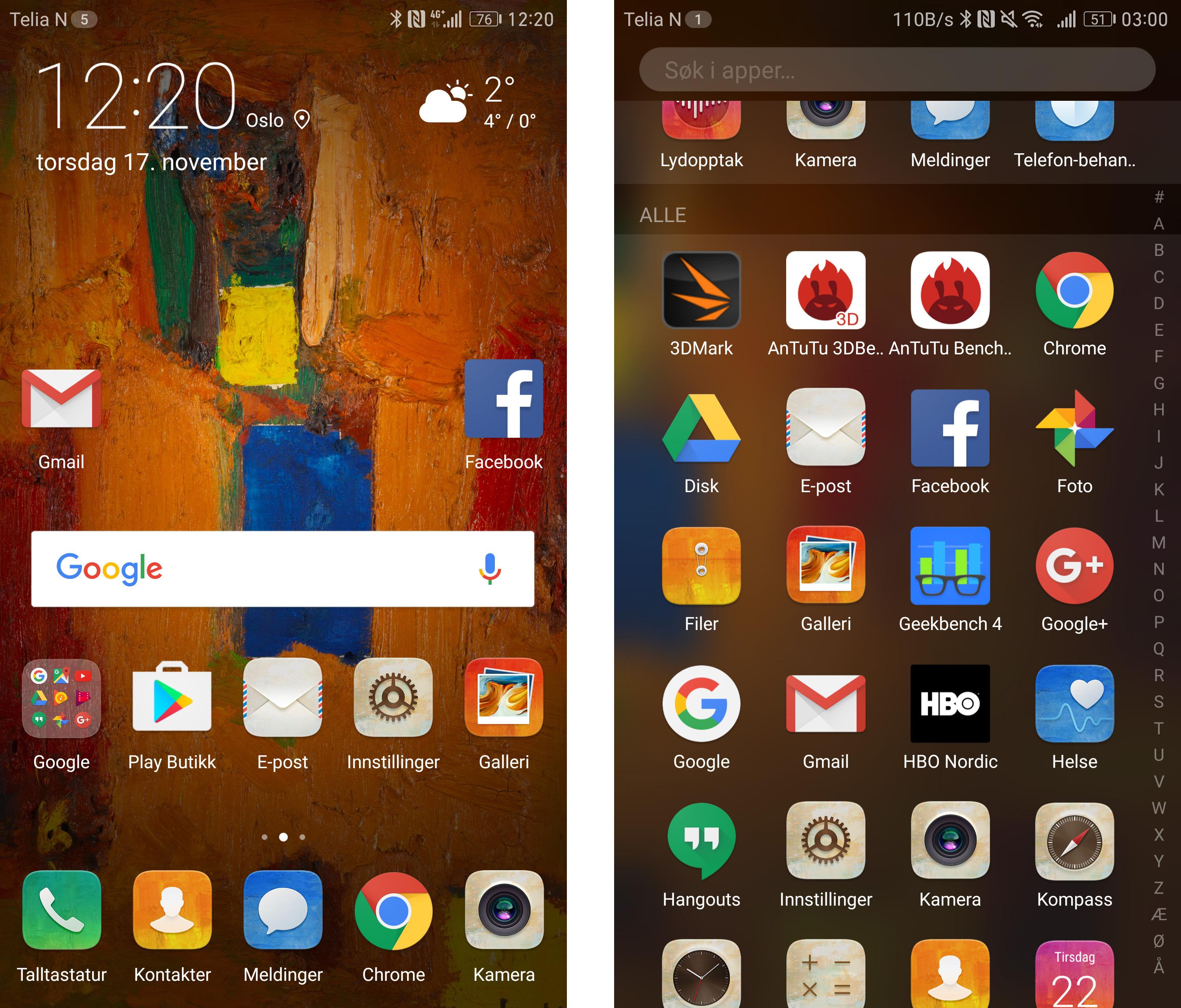 Til venstre en klassisk Huawei-hjemmeskjerm uten appmeny bak. I skjermbildet til høyre er appmenyen aktivert på Mate 9 Pro.