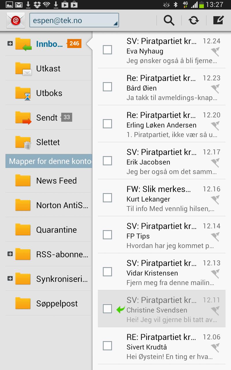 E-postklienten fungerer meget bra, men mangler et spamfilter mot Piratpartiet.Foto: Skjermdump Note 8.0