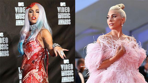 STILSKIFTE: Lady Gaga i kjøttkjole i 2010 og en Valentino-kjole i 2018. Foto: Ruters/AFP
