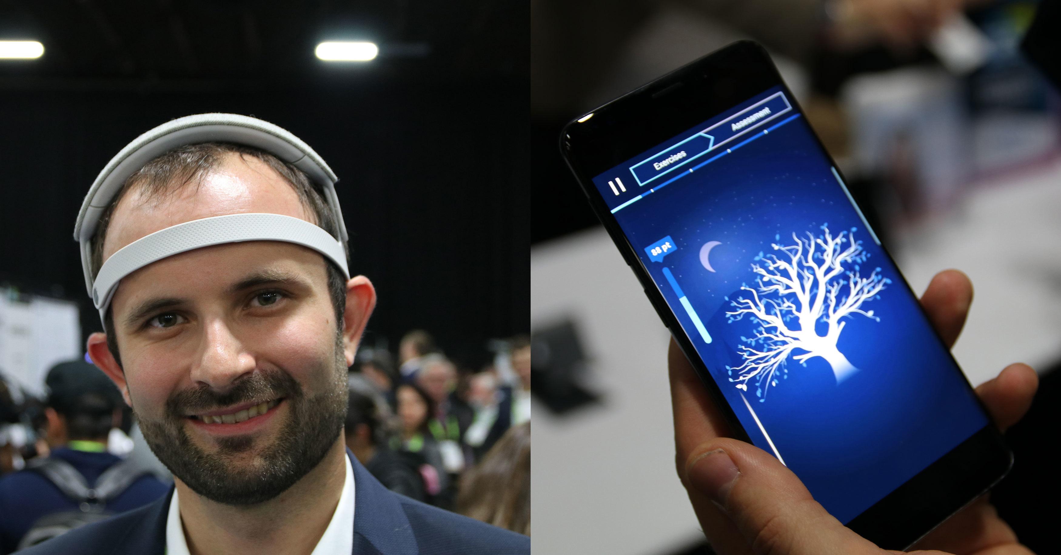 Dette apparatet måler EEG-bølger i hjernen. Appen hjelper deg til å mane frem flere av bølgene som fremkaller ro og søvn.