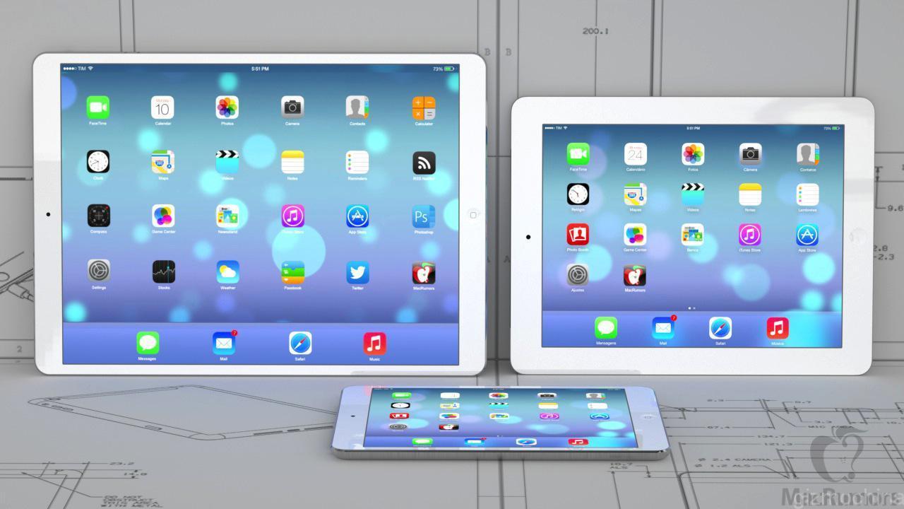 Denne illustrasjonen fra Gizmochina viser hvordan en 12,9-tommers iPad Plus kan komme til å se ut. iPad 2 til høyre, og iPad Mini foran. Foto: via Gizmochina