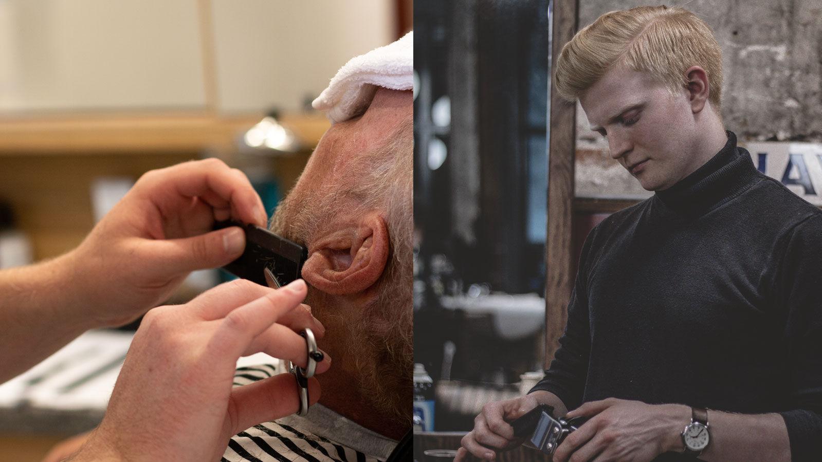 EKSPERTRÅD: Barberer Marius Stiansen (til høyre) hjelper jevnlig kunder med å forme både skjegg og frisyre – og deler tips med de som vil prøve seg på egenhånd. Foto: Privat / Pels Pels