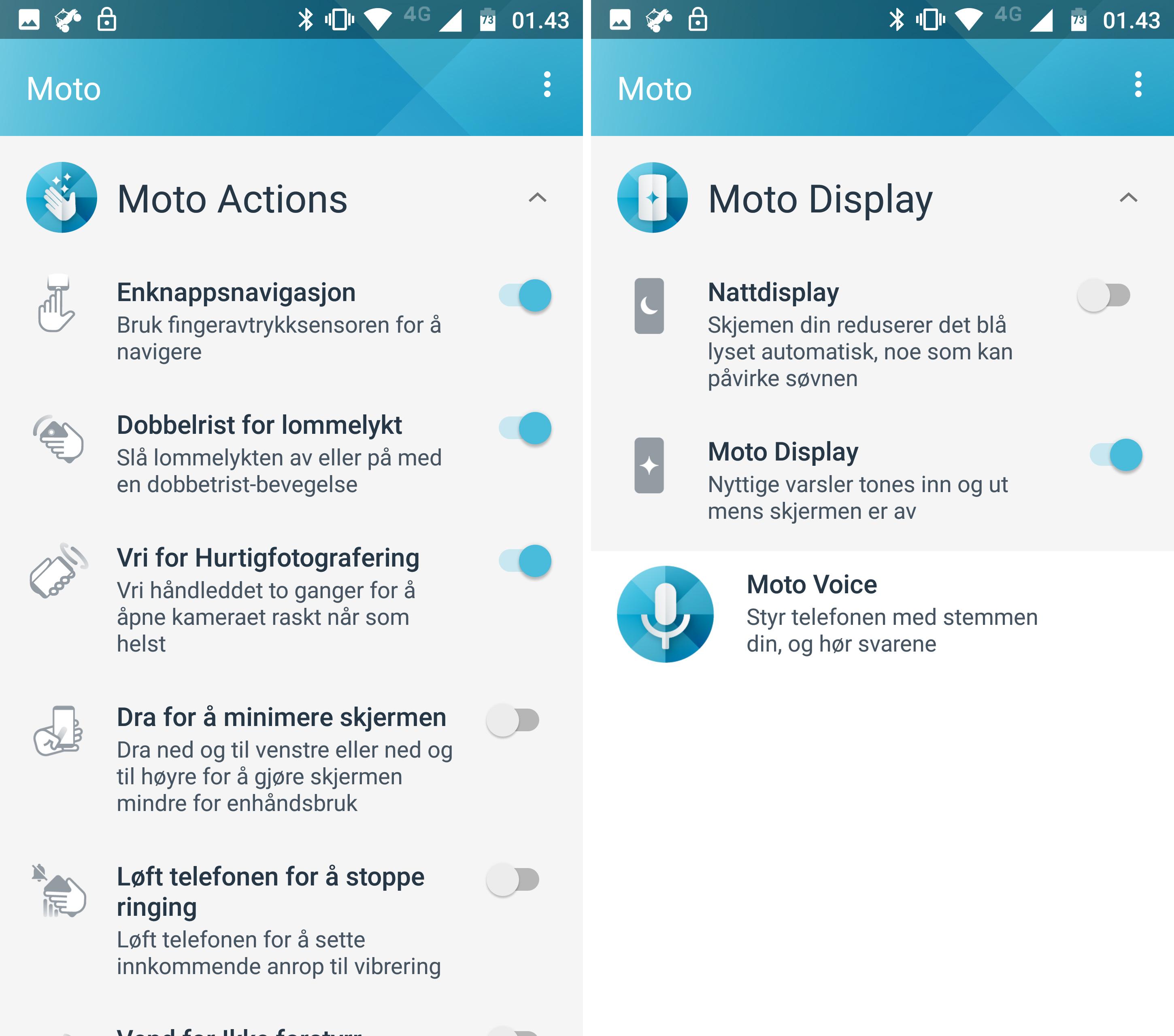 Motos egne funksjoner er for det mestet samlet i en egen app. Moto Voice er foreløpig ikke støttet på norsk, men i hovedsak er resten av funksjonene relativt nyttige.