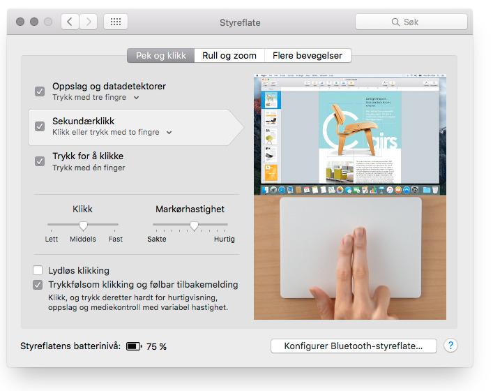 I systeminnstillingene i OS X kan du sette opp hvordan pekeplaten skal oppføre seg.