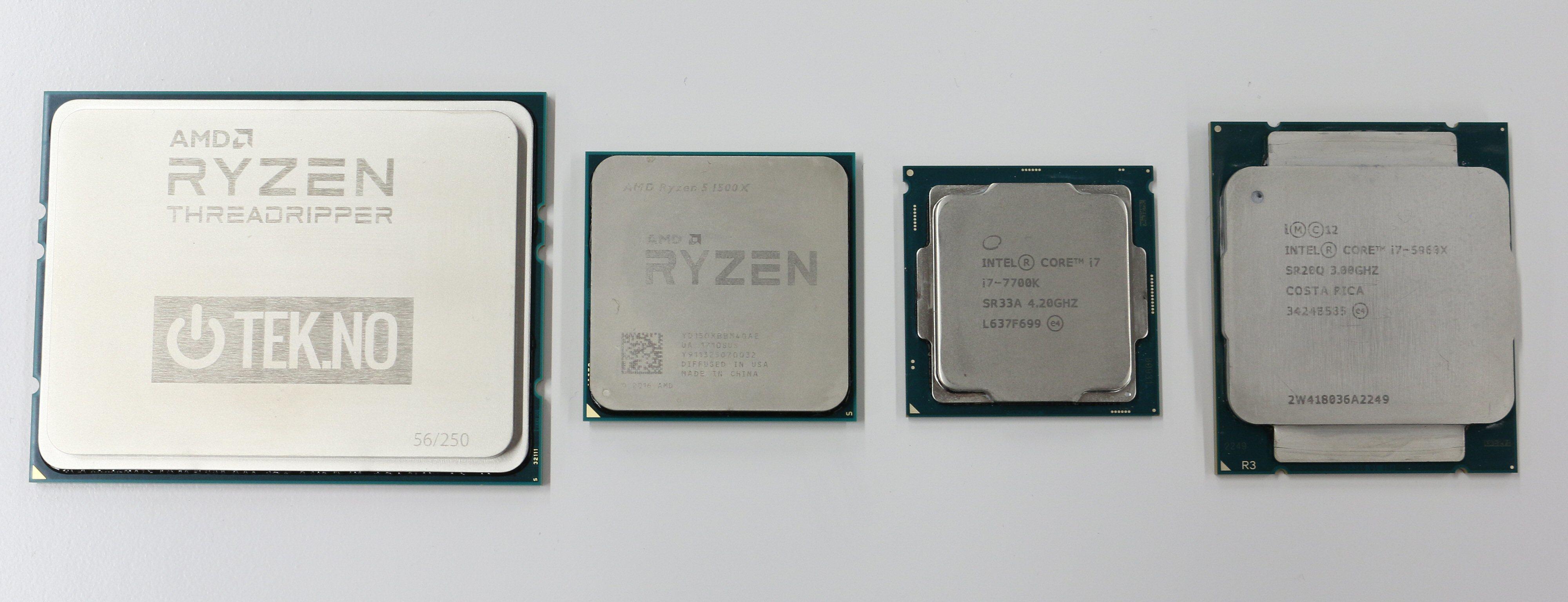 Forskjeller i størrelse. Fra venstre: AMD Ryzen Threadripper, AMD Ryzen, Intel Kaby Lake, Intel Haswell-E.