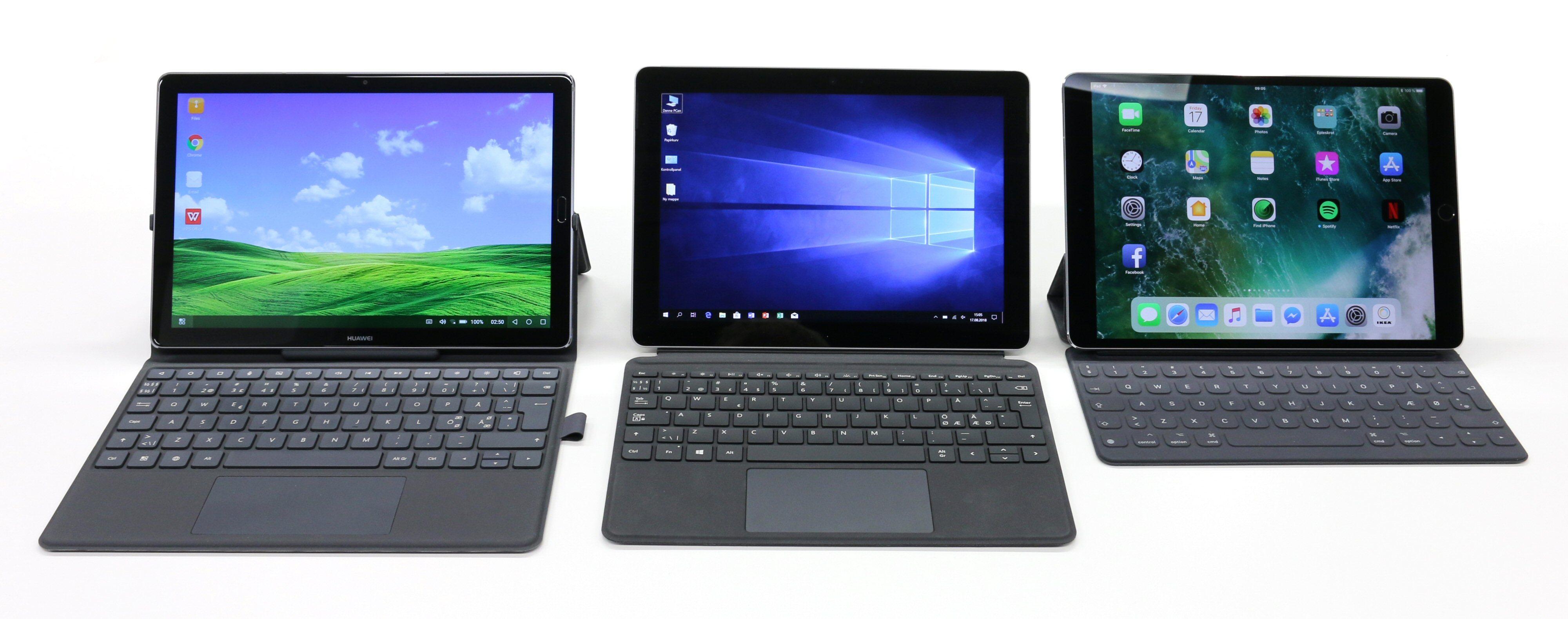 Surface Go i midten og to nettbrett-alternativ: Huawei MediaPad M5 med Android til venstre og Apple iPad Pro 10.5 med iOS til høyre.