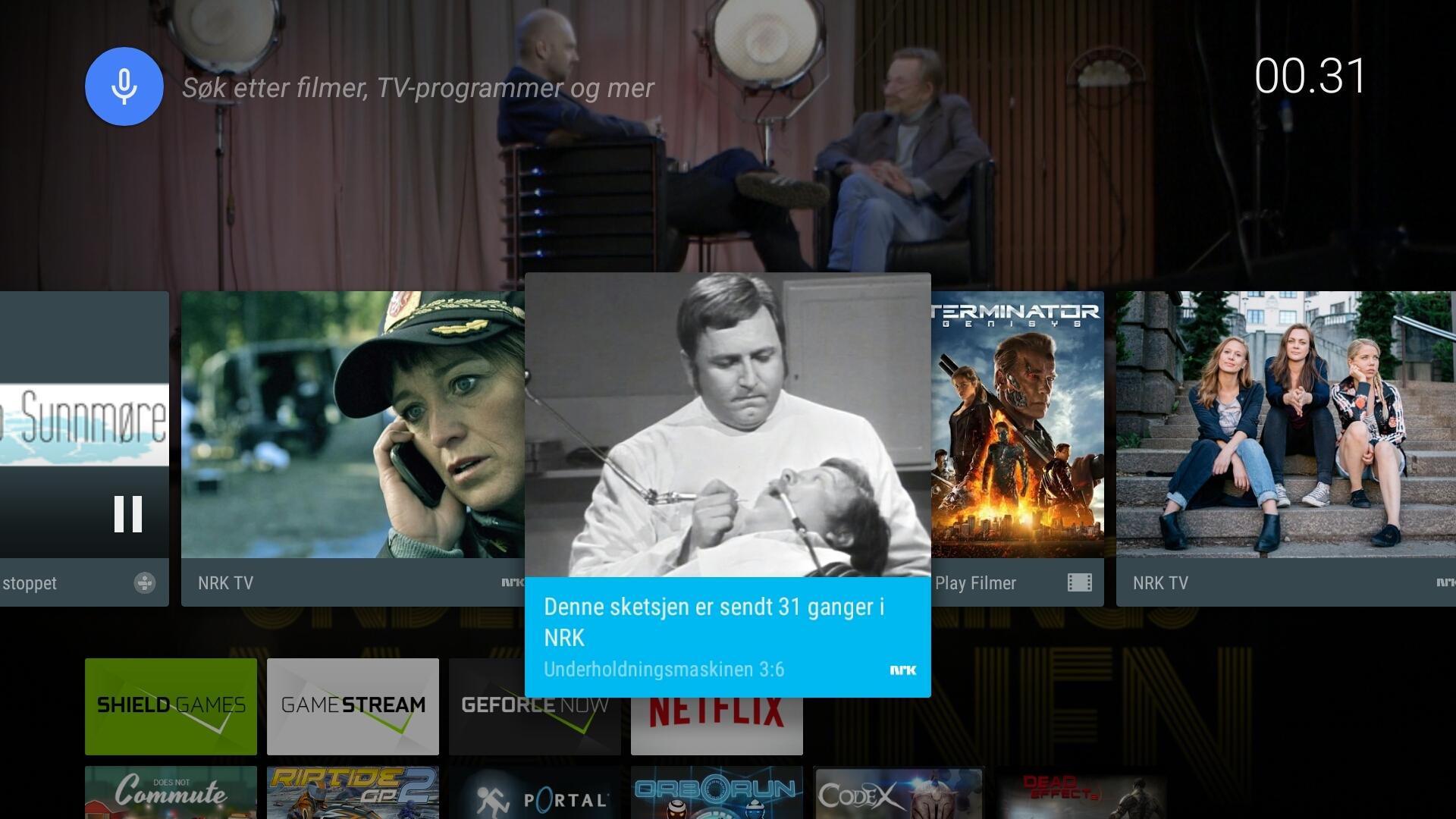 Android på TV er i hovedsak Googles design. Her ser vi også at NRK-appen dytter ut lenker direkte til interessant innhold. Foto: Finn Jarle Kvalheim, Tek.no