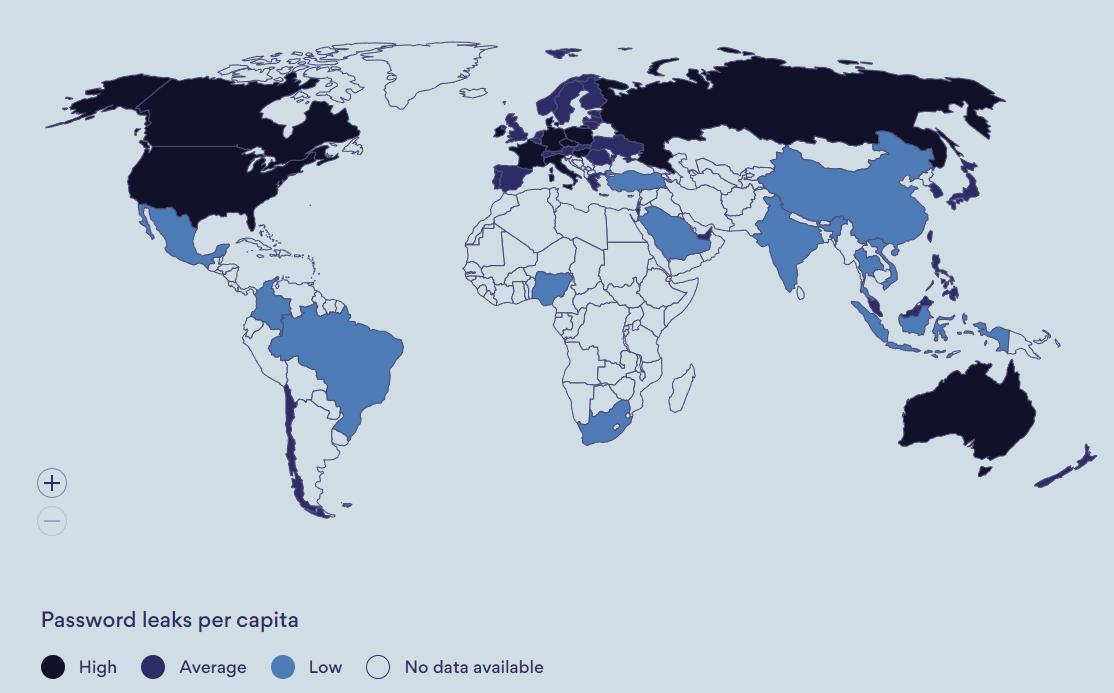 Oversikt over hvilke områder i verden som er mest utsatt for passordlekkasjer. Vestlige land troner høyt på listen.