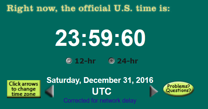 Slik så tidsstempelet ut den 31. desember 2016, altså forrige gang det ble lagt til et skuddsekund. Det har vært lagt til 27 ekstra sekunder siden innføringen av skuddsekunder i 1972. 