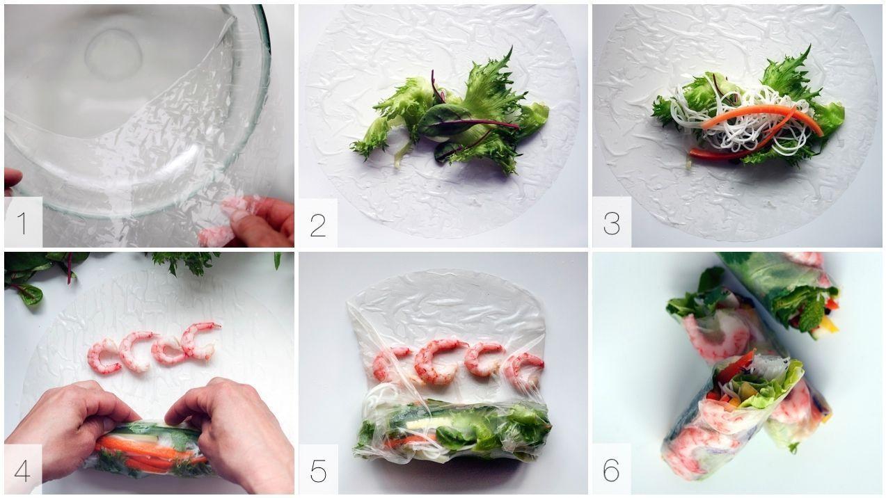 RULL: Bløt rispapiret lett i vann og legg på salat og grønnsaker først. Bruk fingeren for å holde ting på plass når du ruller. Foto: Sigrunn Eliassen