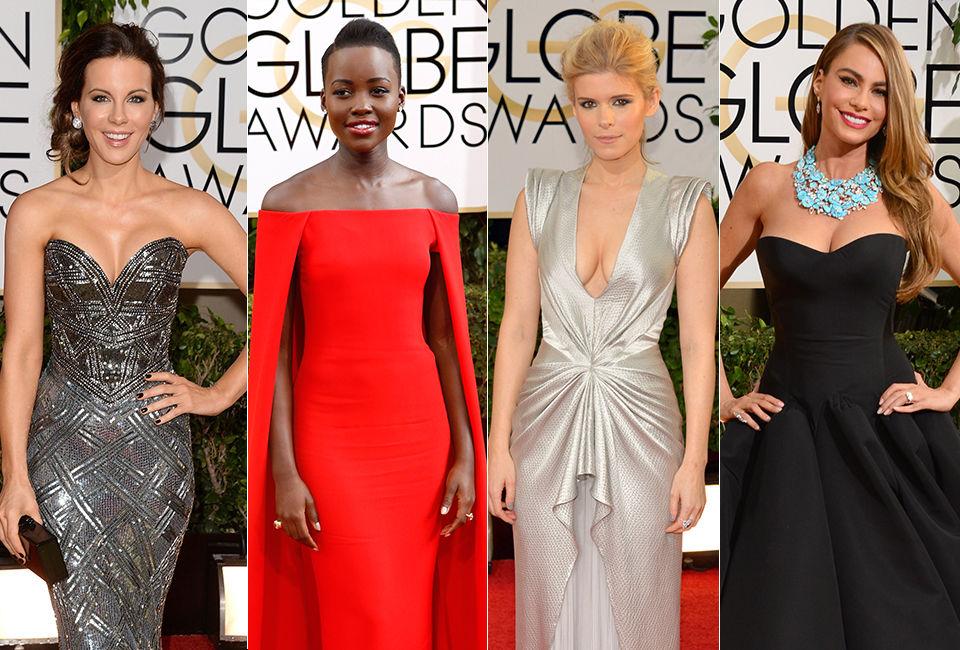 VARIERT: Kate Beckingsale, Lupita Nyong'o, Kate Mara og Sofia Vergara pyntet seg på ulikt vis til Golden Globe-utdelingen. Foto: NTB Scanpix